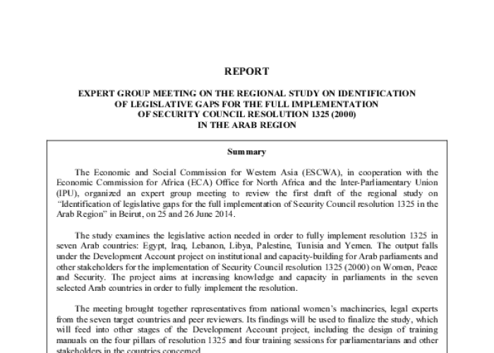 Expert Group Meeting on the Regional Study on Identification of Legislation Gaps for the Full Implementation of Security Council Resolution 1325 (2000) in the Arab Region PDF file screenshot