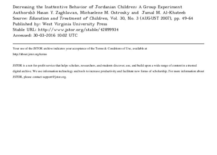  Decreasing the Inattentive Behavior of Jordanian Children: A Group Experiment PDF file screenshot