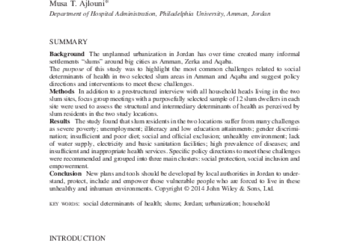 Social determinants of health in selected slum areas in Jordan: challenges and policy directions PDF file screenshot
