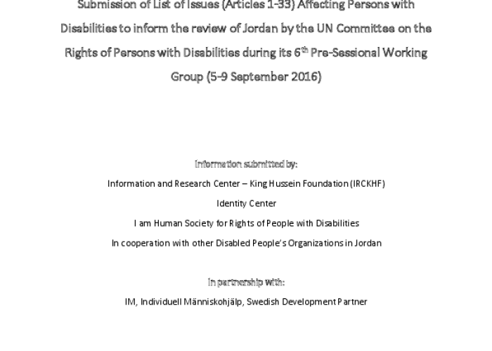 Submission of List of Issues (Articles 1-33) Affecting Persons with Disabilities to inform the review of Jordan by the UN Committee on the Rights of Persons with Disabilities during its 6th Pre-Sessional Working Group (5-9 September 2016) PDF file screenshot