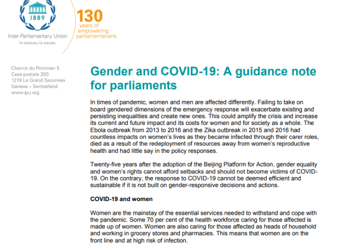 Gender and COVID-19: A guidance note for parliaments PDF file screenshot