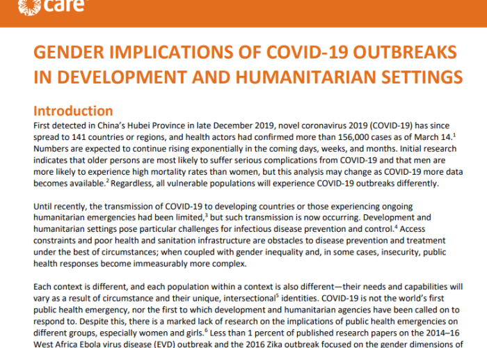 Gender Implications of COVID-19 Outbreaks in Development and Humanitarian Settings  PDF file screenshot