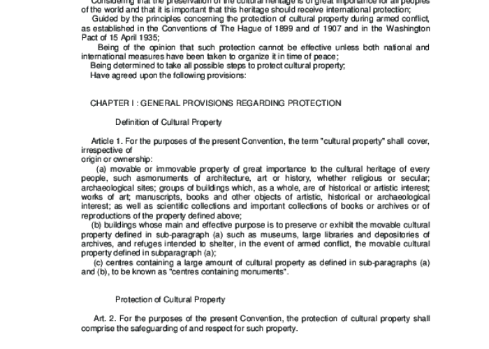 Convention for the Protection of Cultural Property in the Event of Armed Conflict. The Hague, 14 May 1954. PDF file screenshot