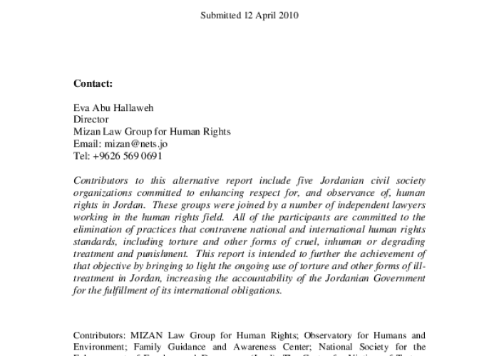 Alternative Report for Consideration Regarding the Hashemite Kingdom of Jordan's Amalgamated Second,Third and Fourth Periodic Reports to the United Nations Committee Against Torture (CAT) PDF file screenshot
