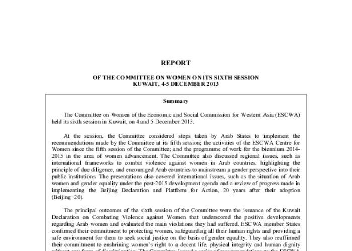 Report of the Committee on Women on its Sixth Session: Kuwait 4-5 December 2013 PDF file screenshot