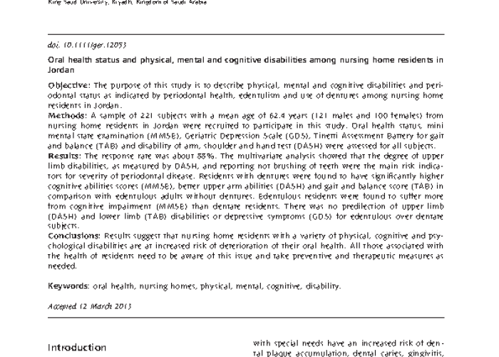 Oral Health Status and Physical,Mental and Cognitive Disabilities among Nursing Home Residents in Jordan PDF file screenshot
