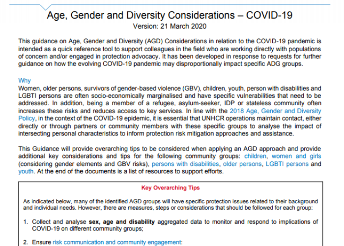 Age,Gender and Diversity Considerations – COVID-19 PDF file screenshot